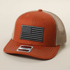 Black American Flag patch trucker hat in orange and khaki, back view