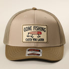 Gone Fishing Catch You Later patch trucker hat in coyote brown and khaki