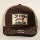 Gone Fishing Catch You Later patch trucker hat in dark brown and khaki