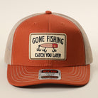 Gone Fishing Catch You Later patch trucker hat in orange and khaki