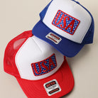 USA polka dot patch foam trucker hat shown in all color options