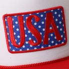 USA polka dot patch foam trucker hat in red and white, side view