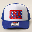 USA polka dot patch foam trucker hat in royal blue and white