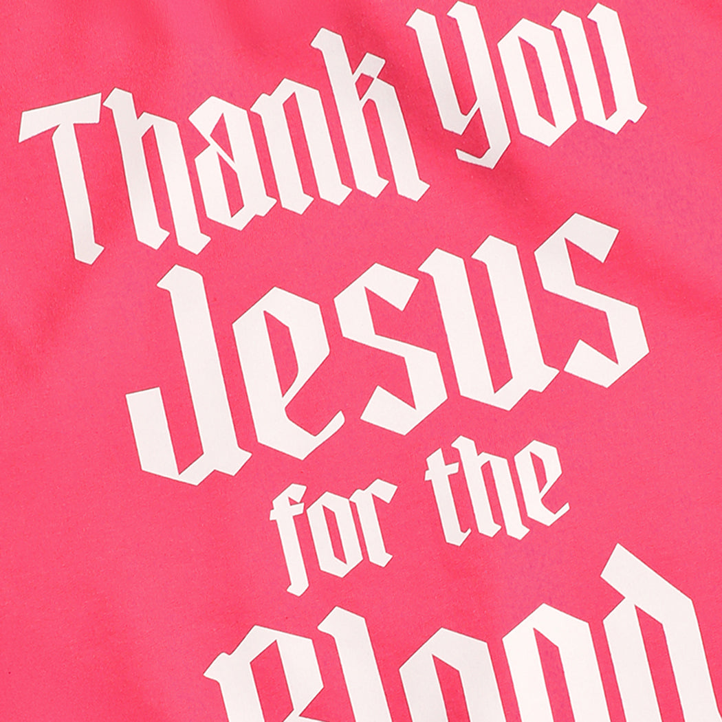 Thank You Jesus For The Blood graphic sweatshirt in heliconia pink, detail view