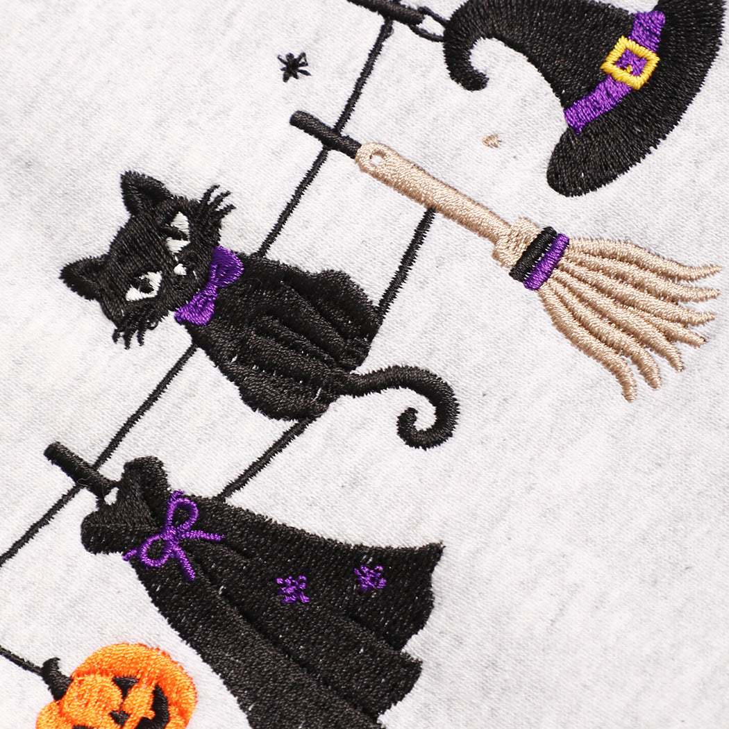 Witchy Halloween clothesline embroidered sweatshirt in ash grey, detail view
