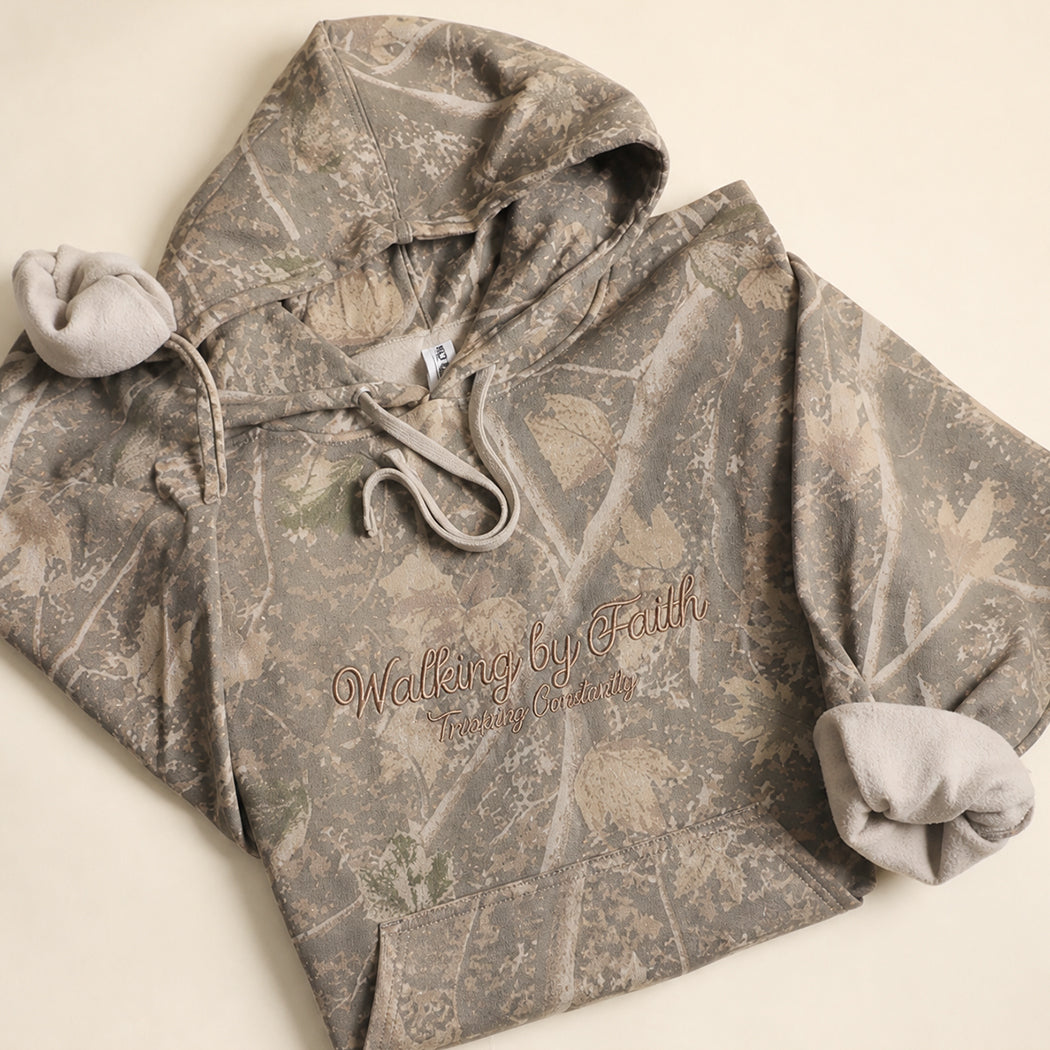 Walking by Faith embroidered camo hoodie in beige camo