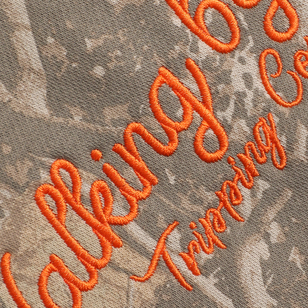 Walking by Faith embroidered camo hoodie, detail view