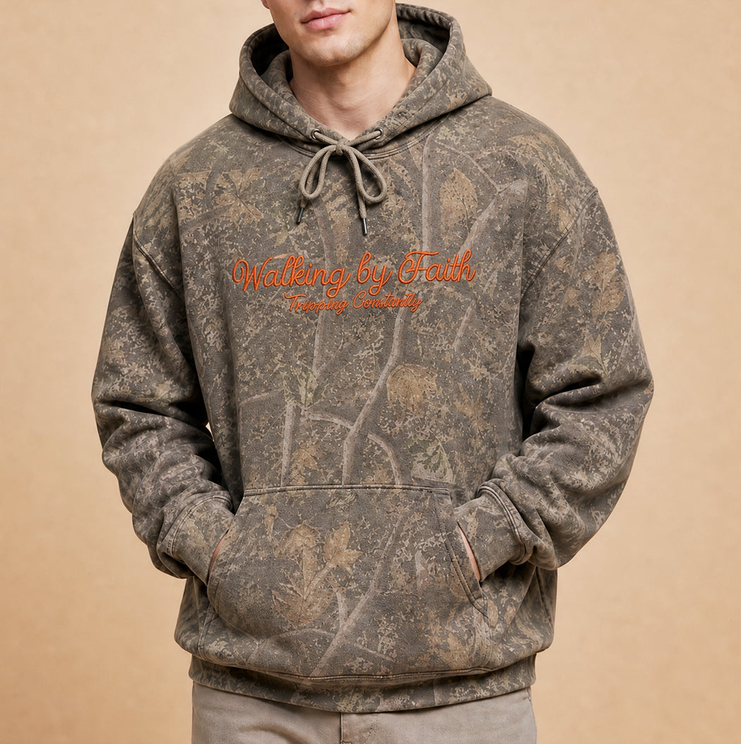 Walking by Faith embroidered camo hoodie, front view