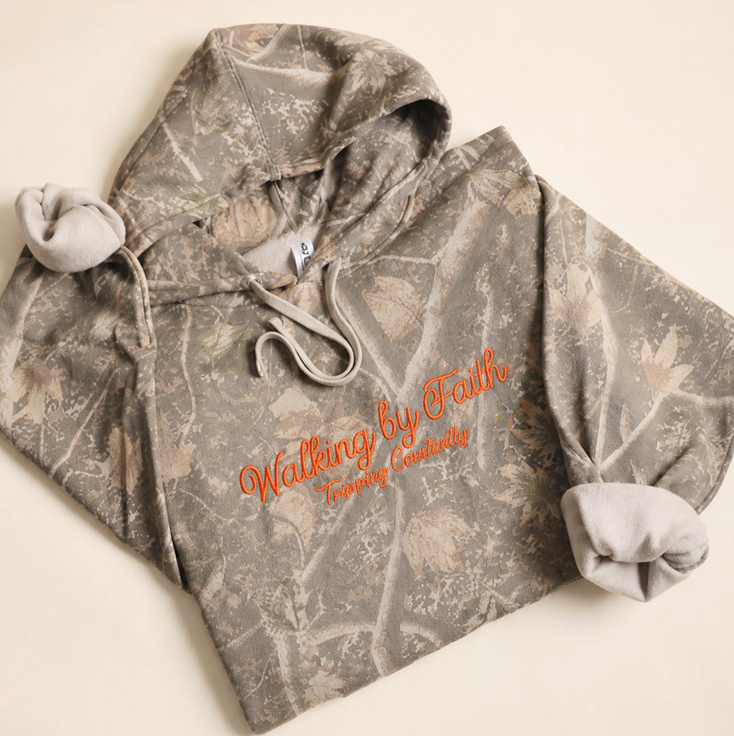 Walking by Faith embroidered camo hoodie in orange camo