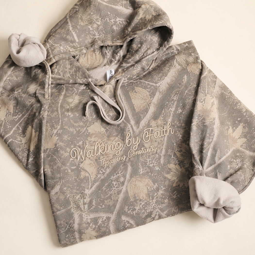 Walking by Faith embroidered camo hoodie in putty camo