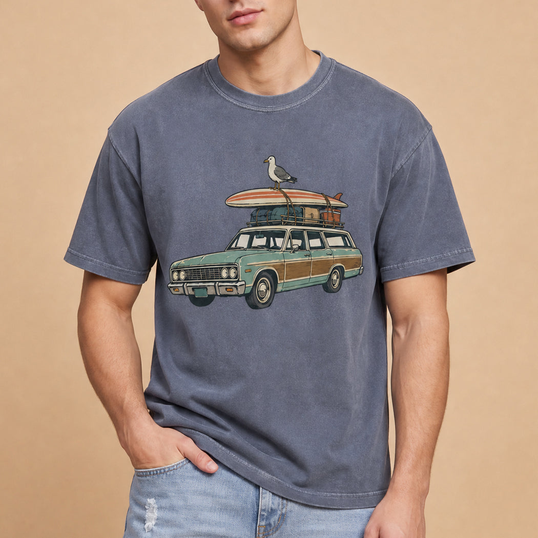 Vintage surf wagon graphic garment-dyed t-shirt in denim blue