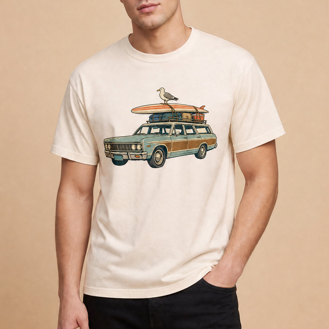 Vintage surf wagon graphic garment-dyed t-shirt in ivory, front view