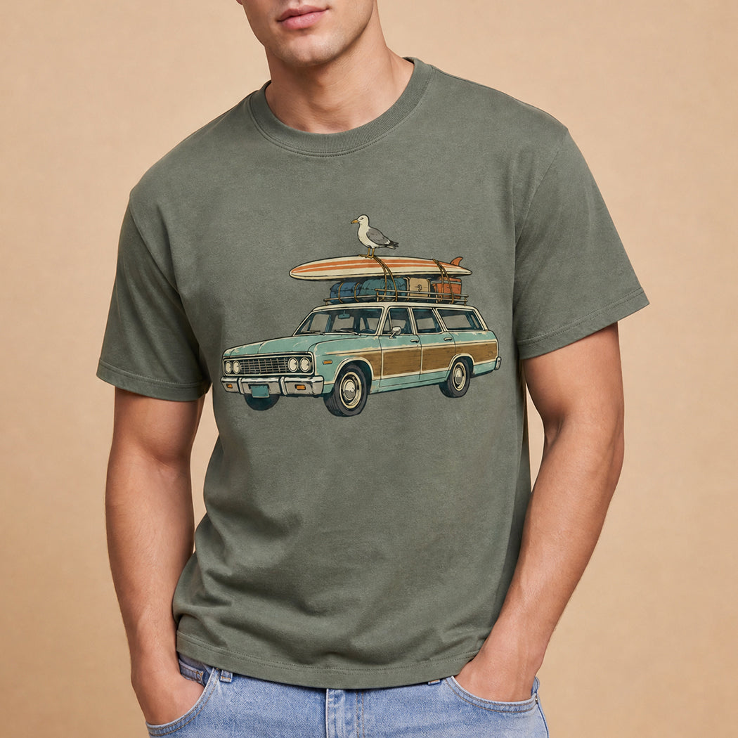 Vintage surf wagon graphic garment-dyed t-shirt in moss green