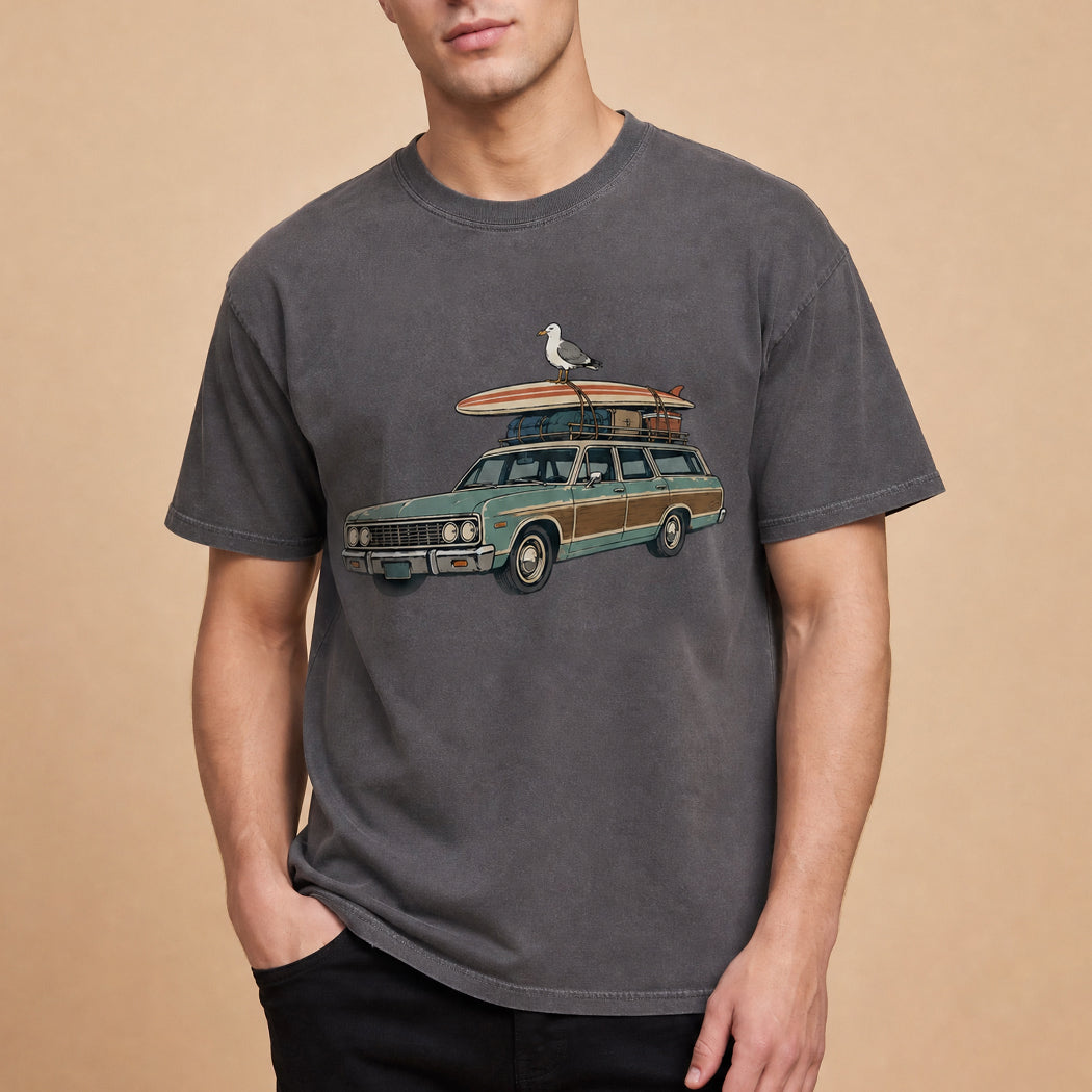 Vintage surf wagon graphic garment-dyed t-shirt in pepper grey