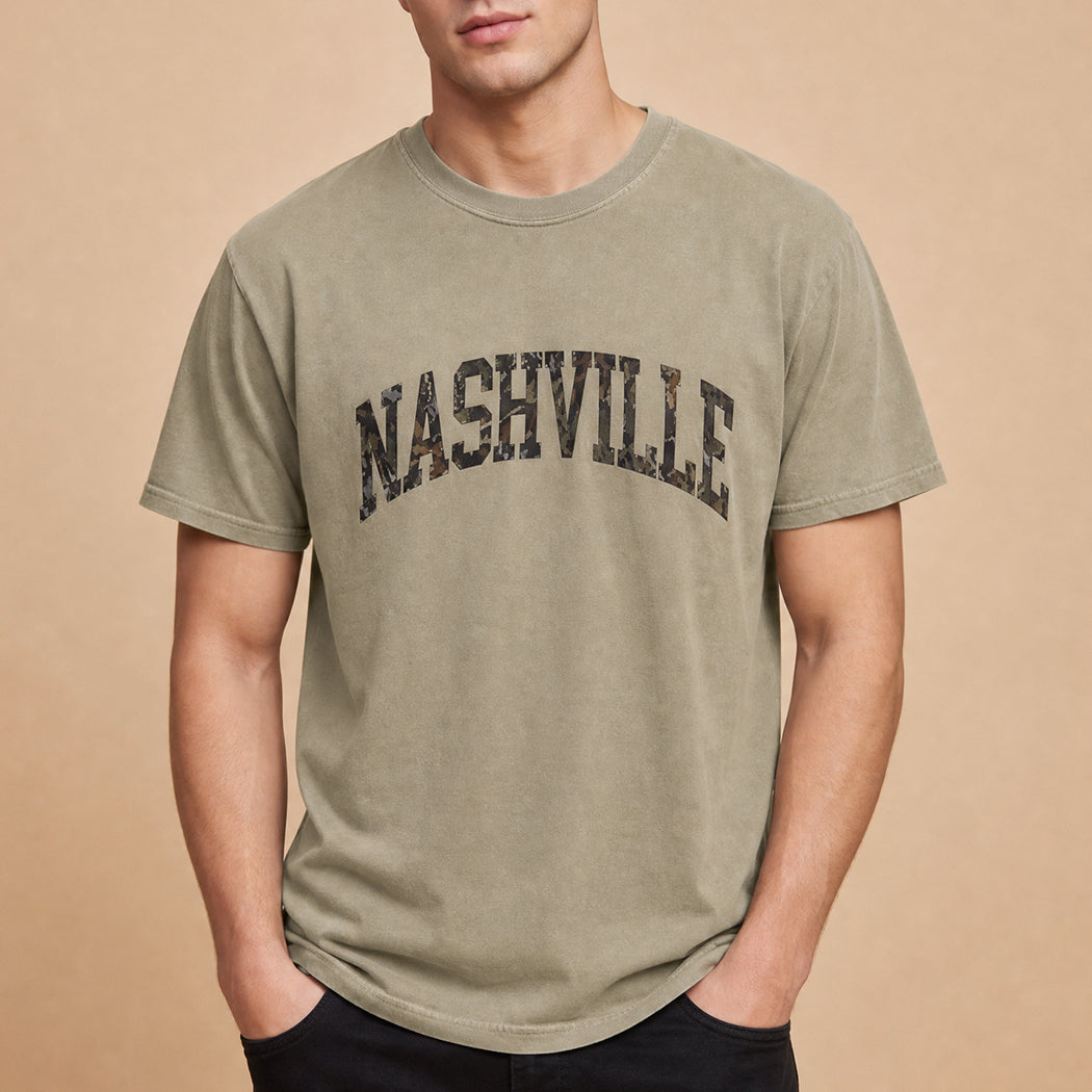 Nashville camo lettering garment-dyed t-shirt, front view