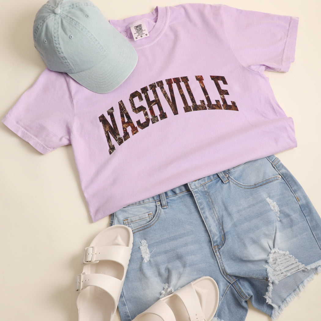 Nashville camo lettering garment-dyed t-shirt in orchid purple