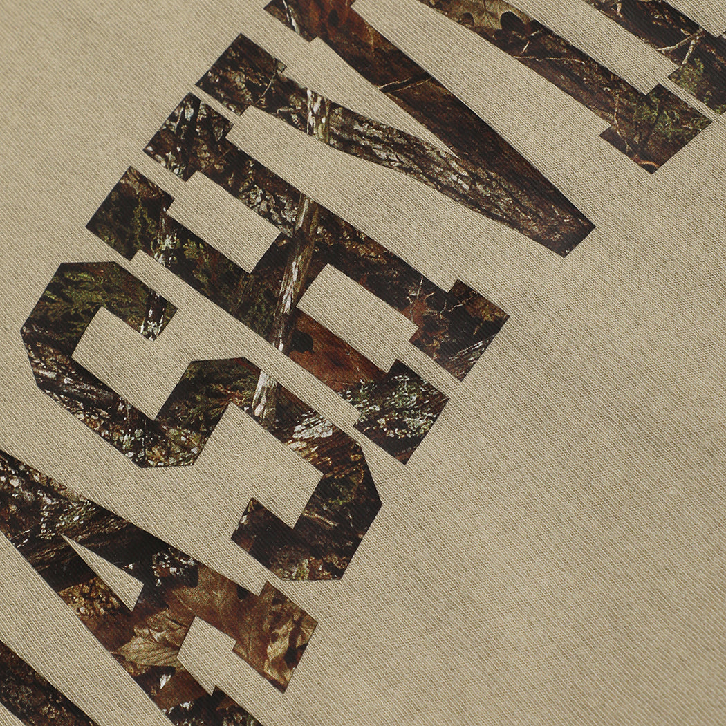 Nashville camo lettering garment-dyed t-shirt in sandstone, detail view