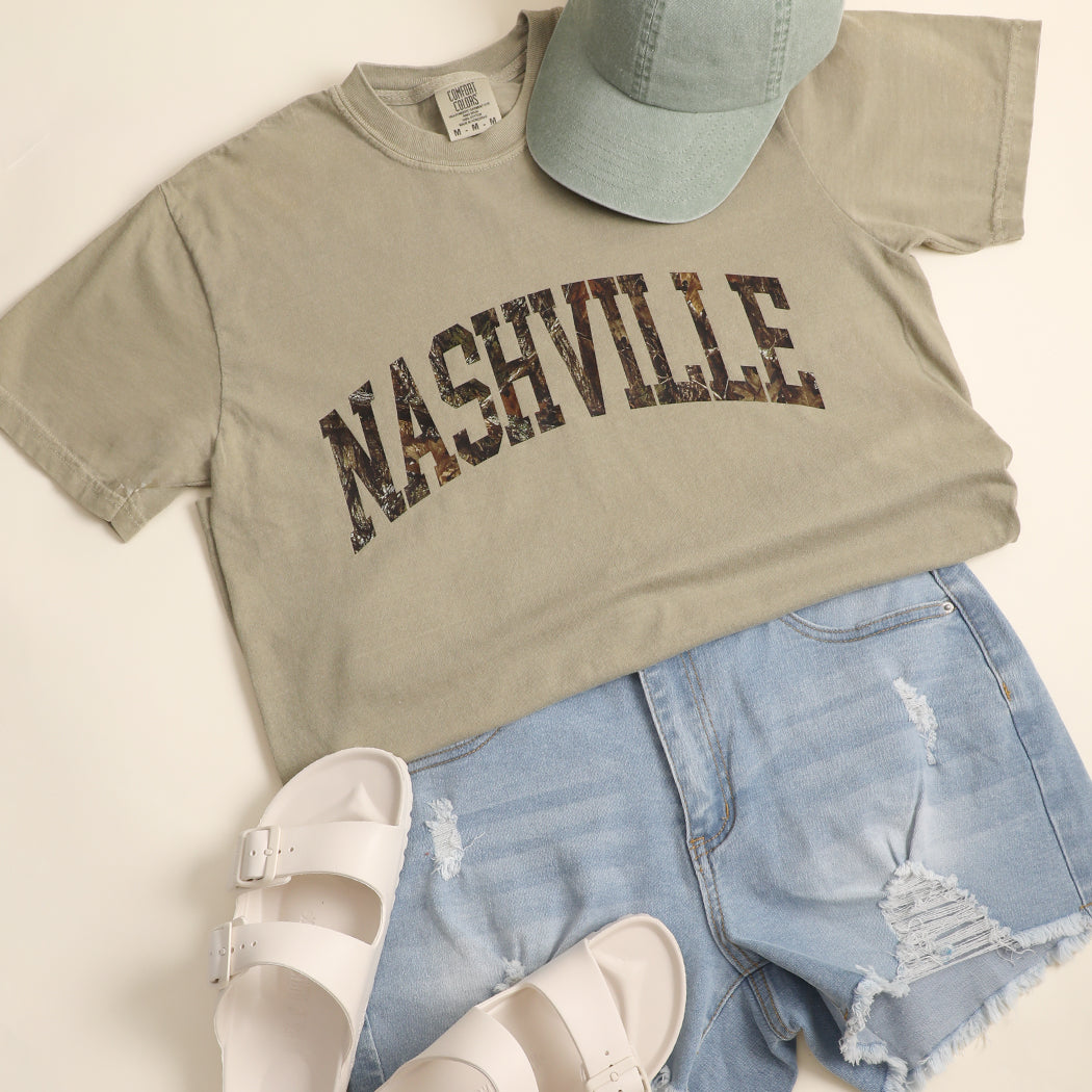 Nashville camo lettering garment-dyed t-shirt in sandstone