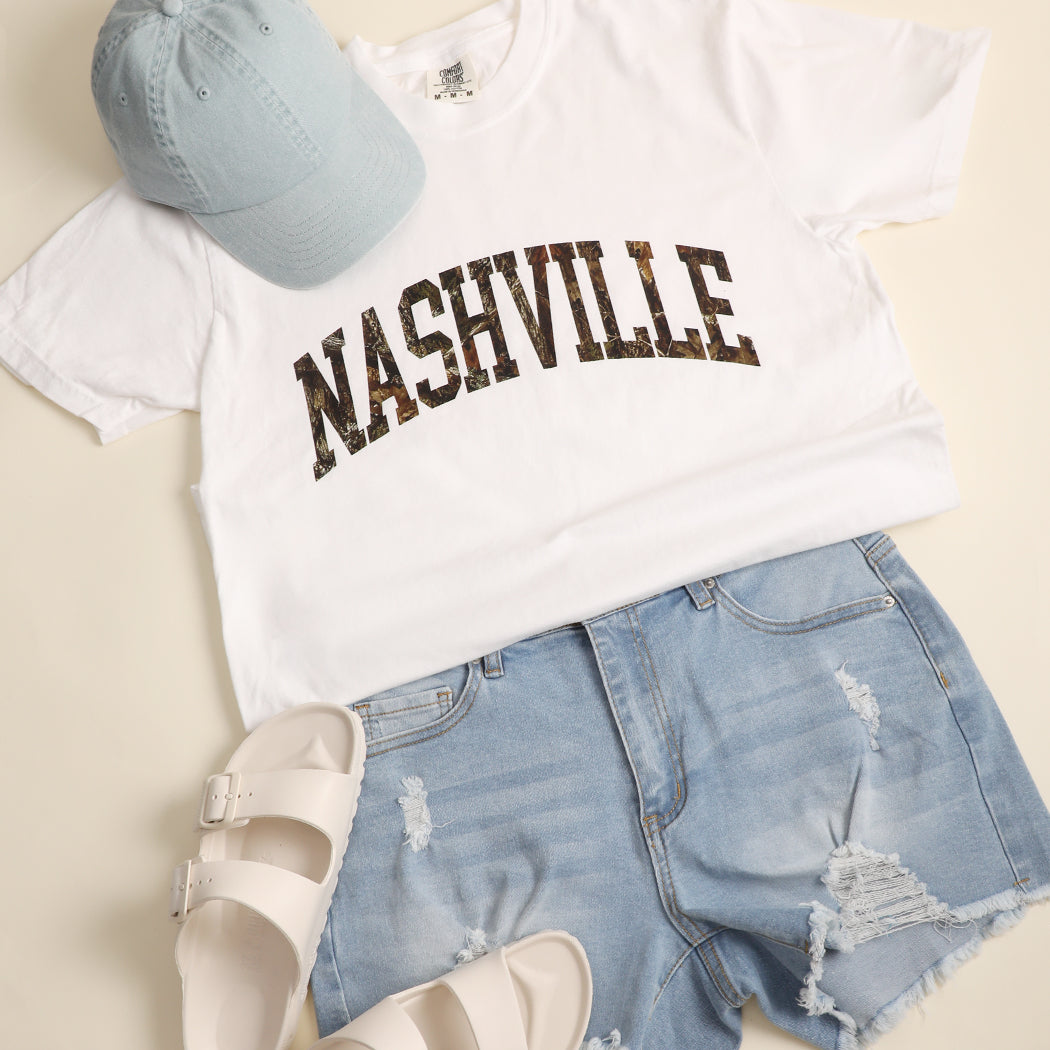 Nashville camo lettering garment-dyed t-shirt in white