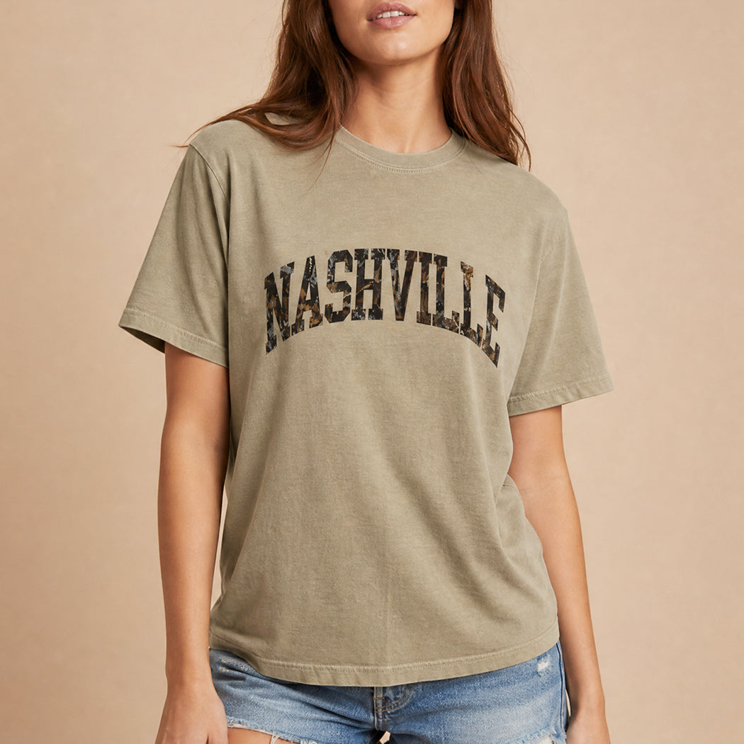 Nashville camo lettering garment-dyed t-shirt, styled on model