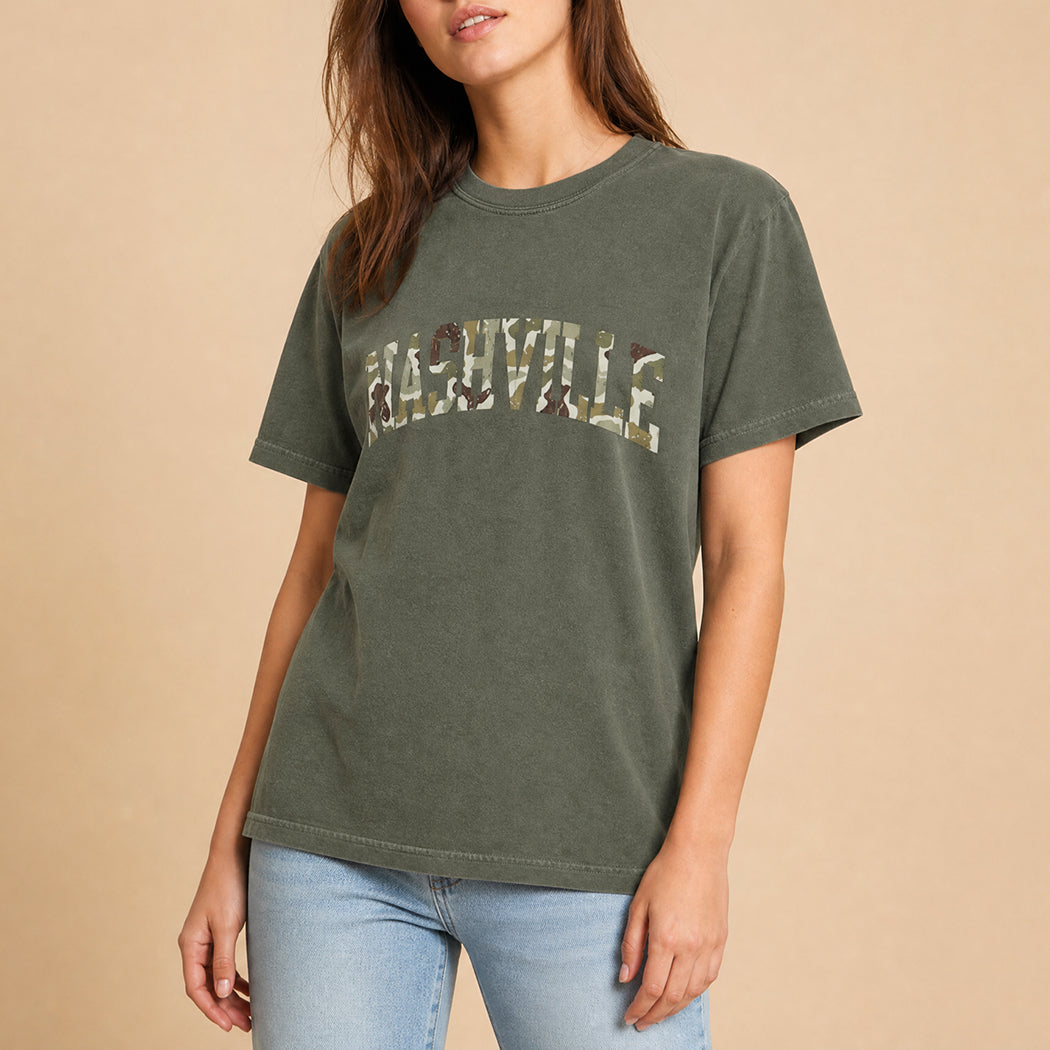 Nashville distressed camo lettering garment-dyed t-shirt, front view