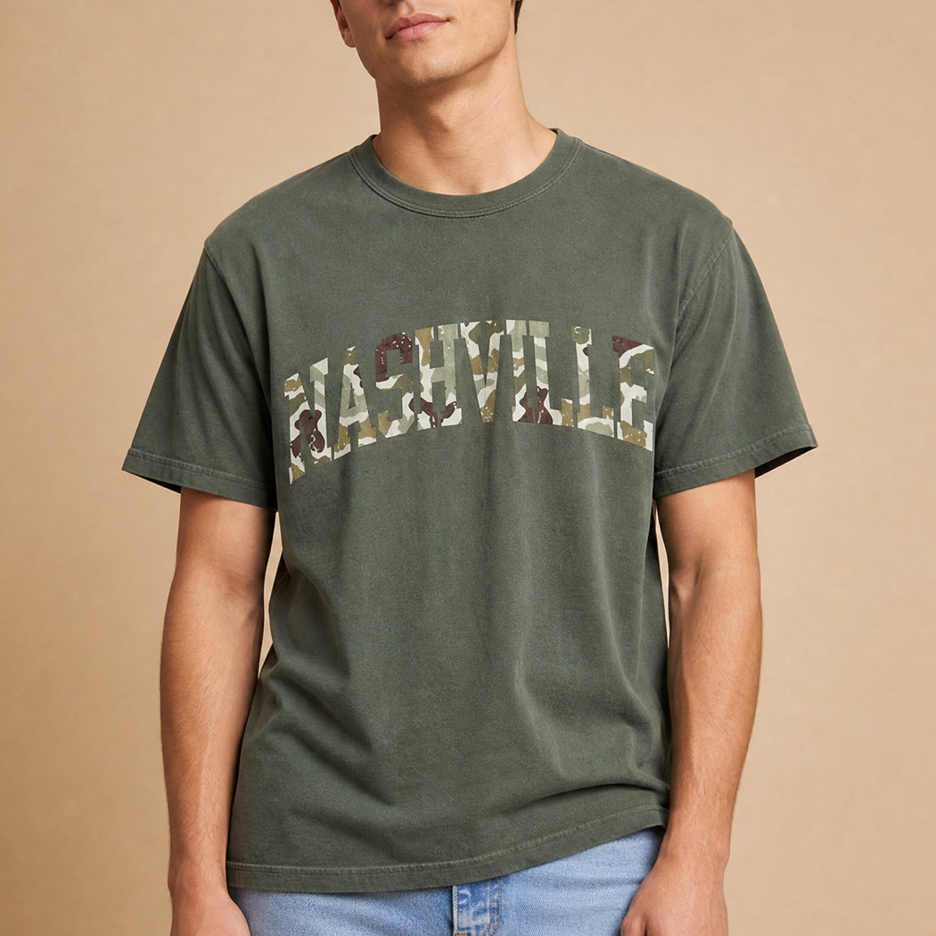 Nashville distressed camo garment-dyed t-shirt, styled on model