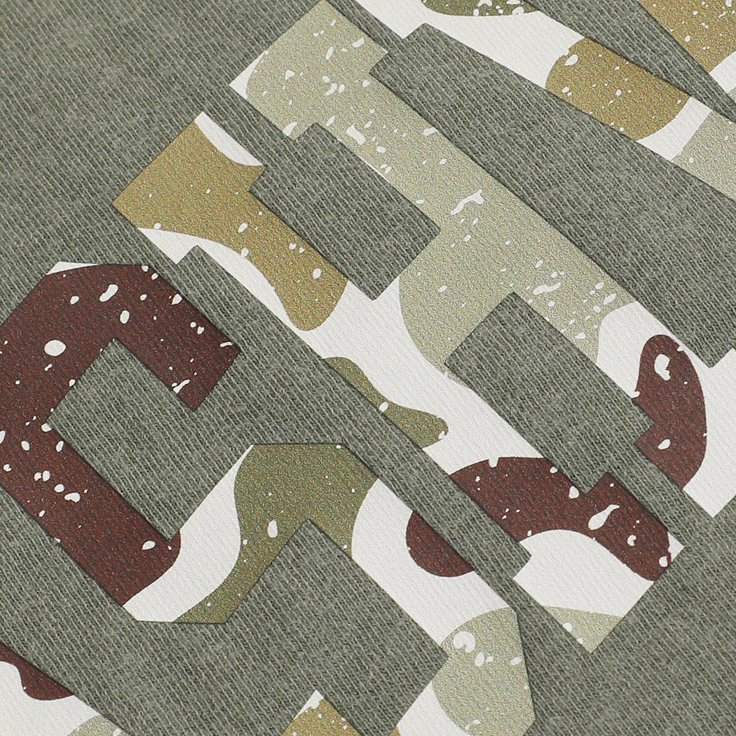 Nashville distressed camo garment-dyed t-shirt in moss green, detail view