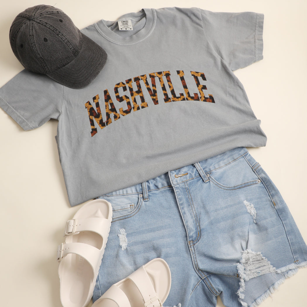 Nashville leopard print garment-dyed t-shirt in granite grey