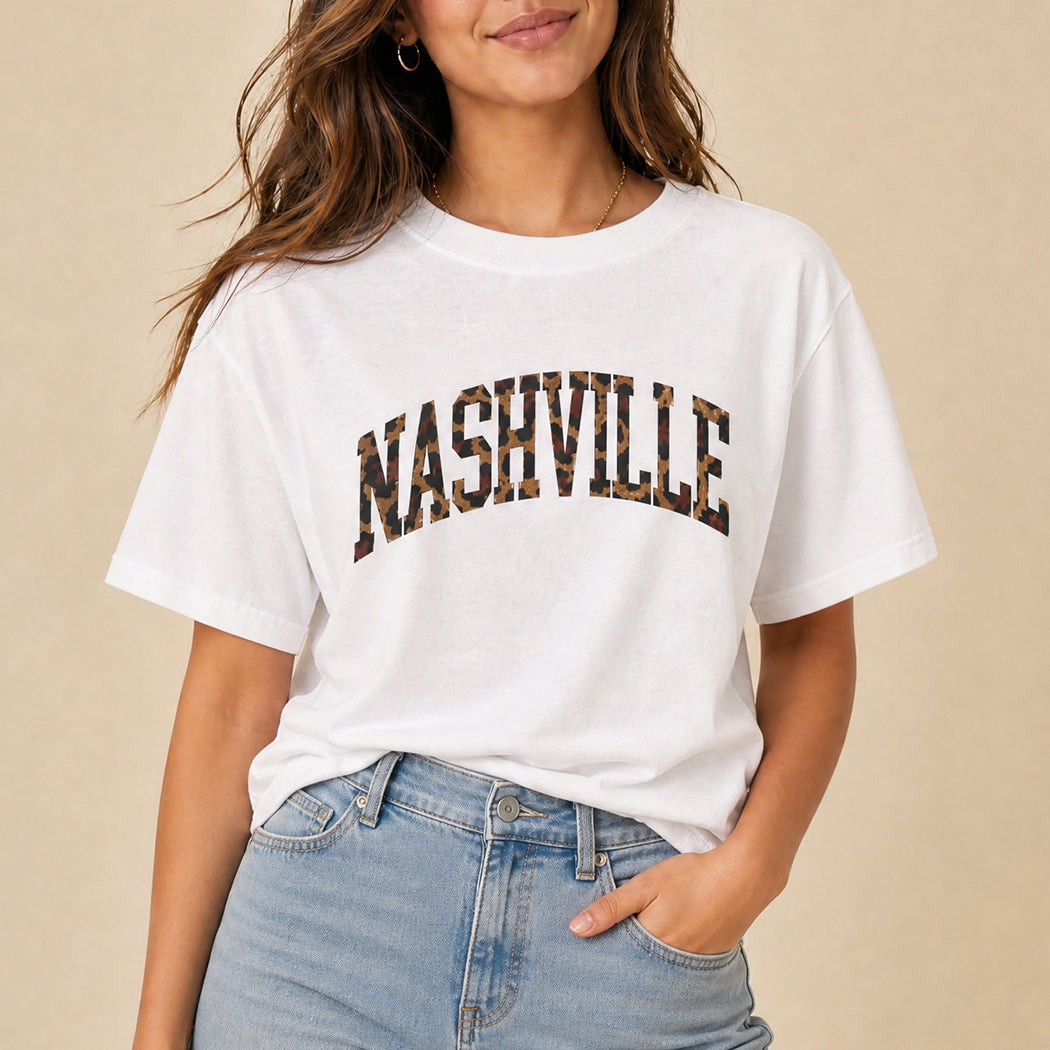 Nashville leopard print lettering garment-dyed t-shirt, front view