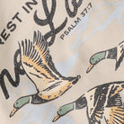 Rest In The Lord flying duck graphic sweatshirt in sand, detail view