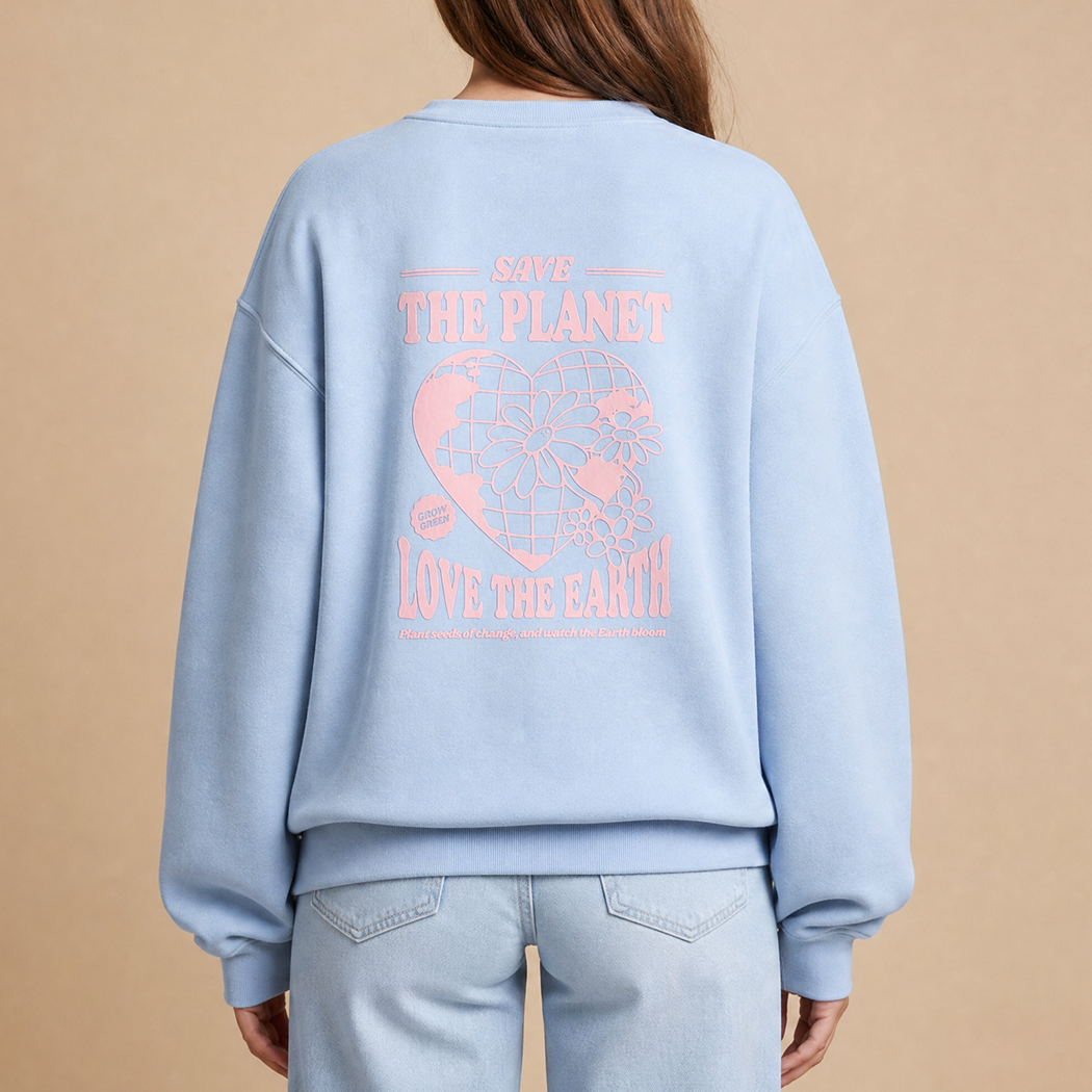 Save the Planet Love the Earth graphic sweatshirt in light blue