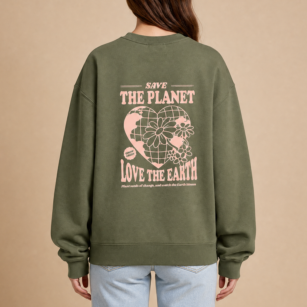 Save the Planet Love the Earth graphic sweatshirt in military green