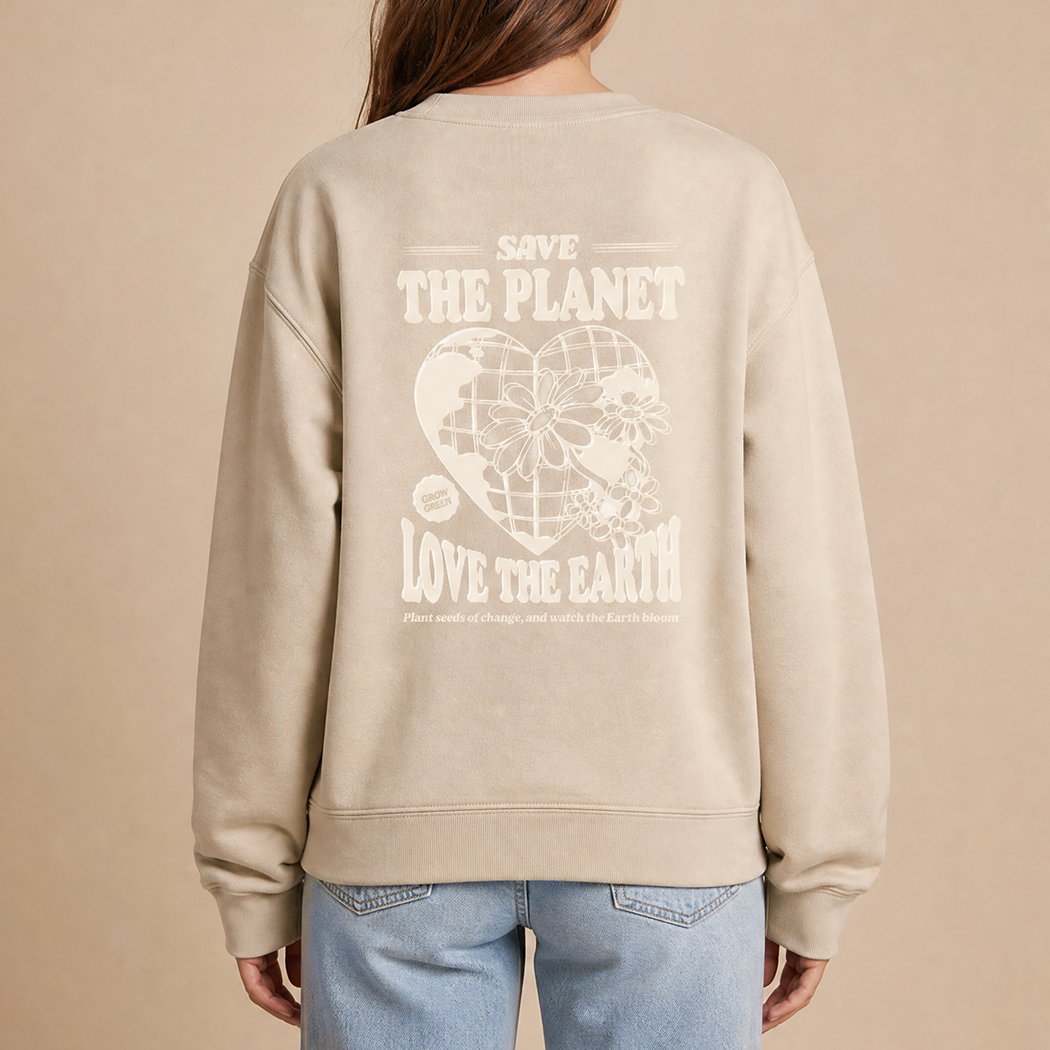 Save the Planet Love the Earth graphic sweatshirt in sand