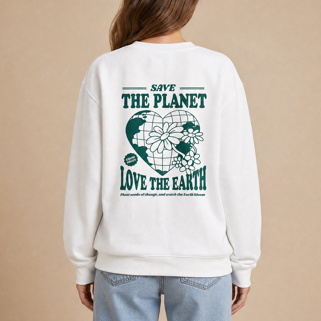 Save the Planet Love the Earth graphic sweatshirt in white, front view