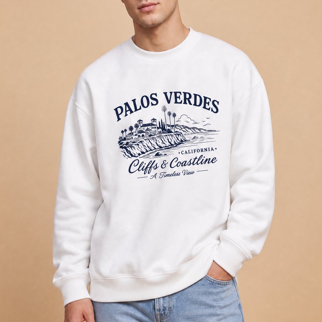 Palos Verdes cliffs and coastline graphic sweatshirt in white, front view
