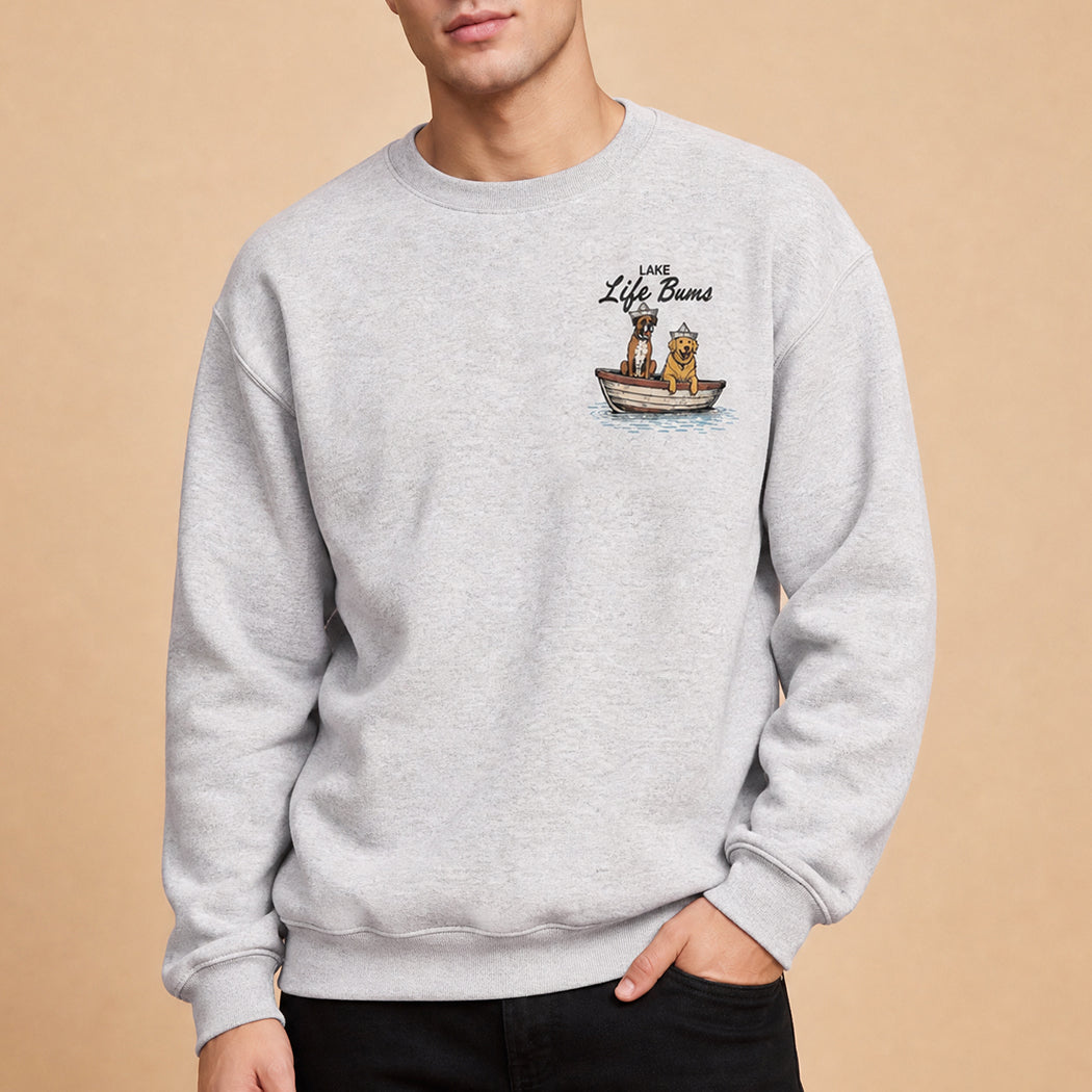 Lake Life Bums dogs boat graphic sweatshirt, front view