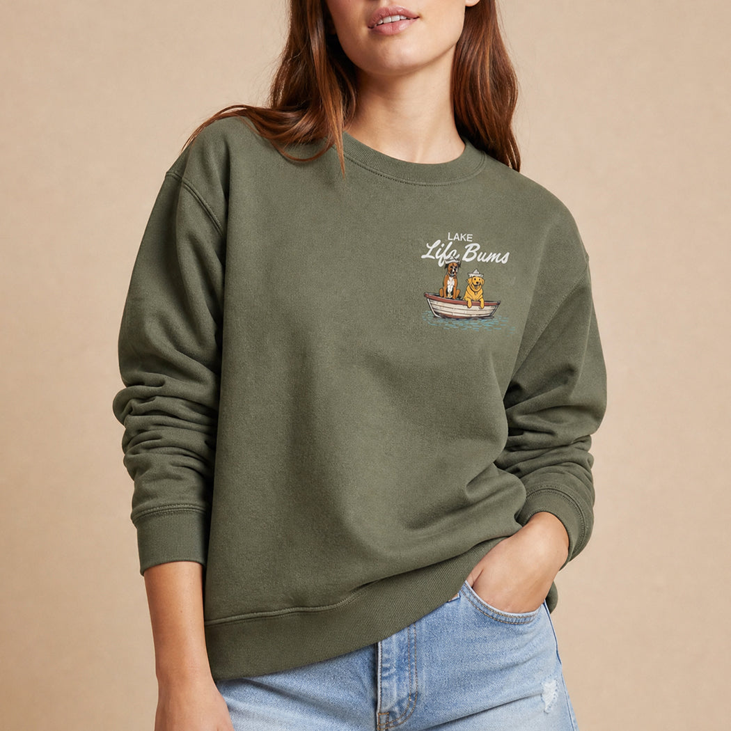 Lake Life Bums dogs boat graphic sweatshirt in military green