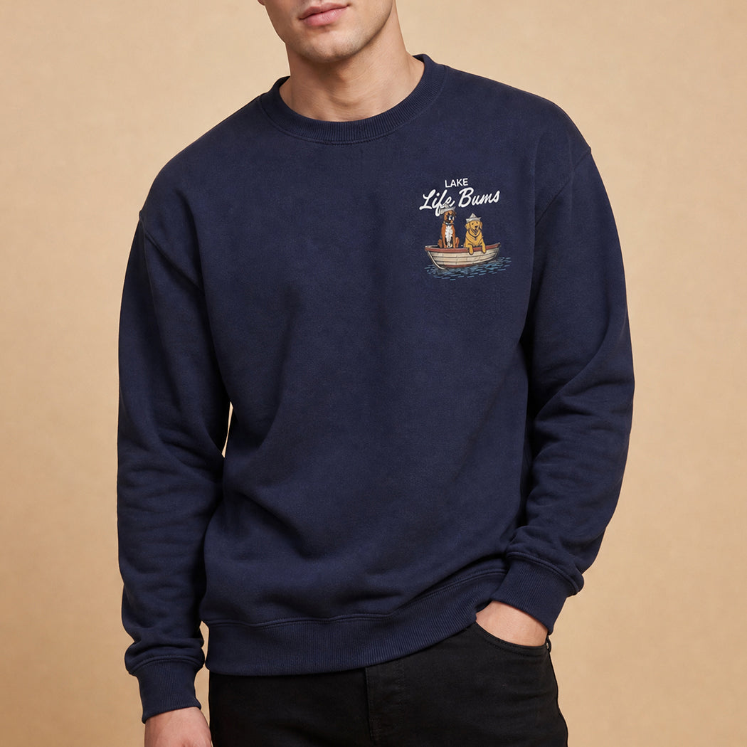 Lake Life Bums dogs boat graphic sweatshirt in navy