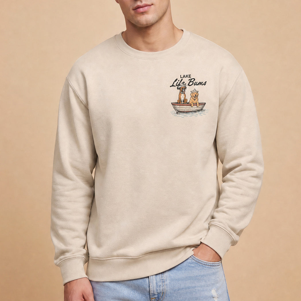 Lake Life Bums dogs boat graphic sweatshirt in sand