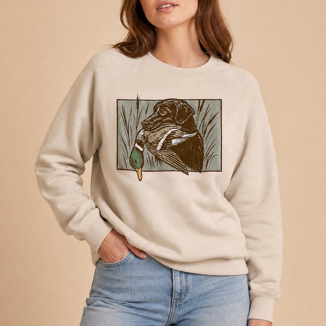 Hunting dog and duck graphic sweatshirt in sand, front view