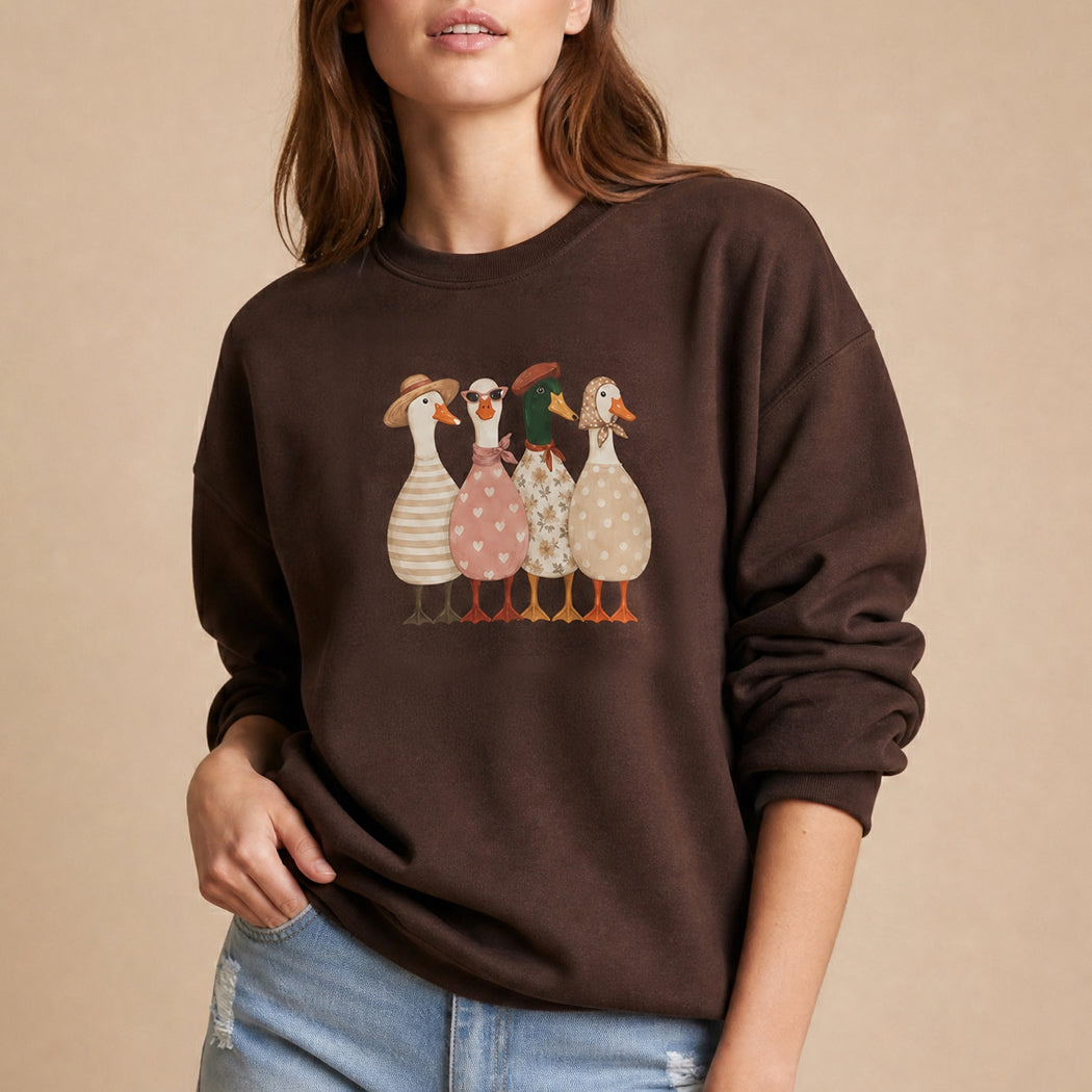 Dressed duck friends graphic sweatshirt in dark chocolate
