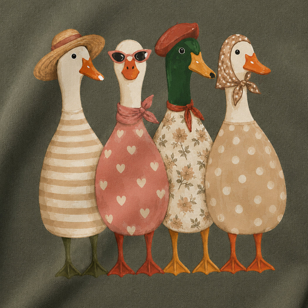 Dressed duck friends graphic sweatshirt in military green, detail view