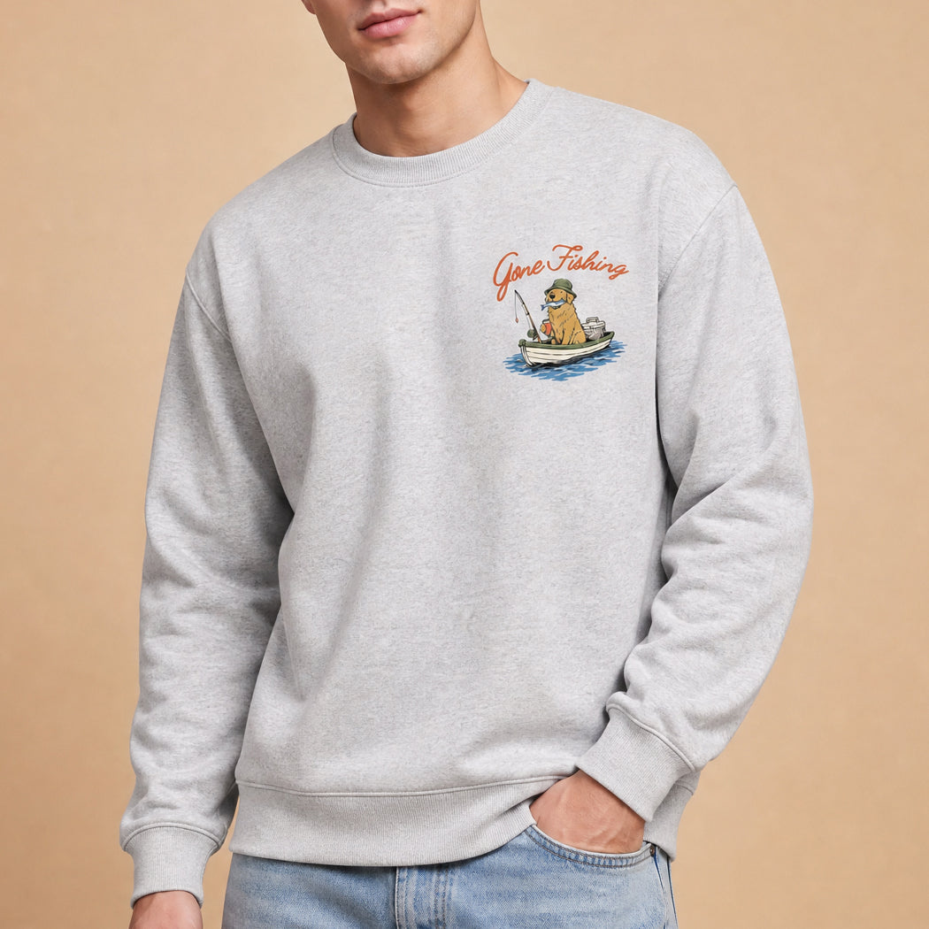 Gone Fishing golden retriever graphic sweatshirt in ash grey