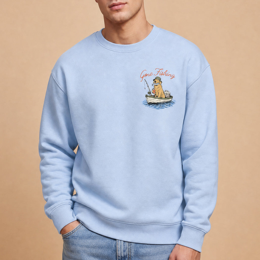 Gone Fishing golden retriever graphic sweatshirt in light blue