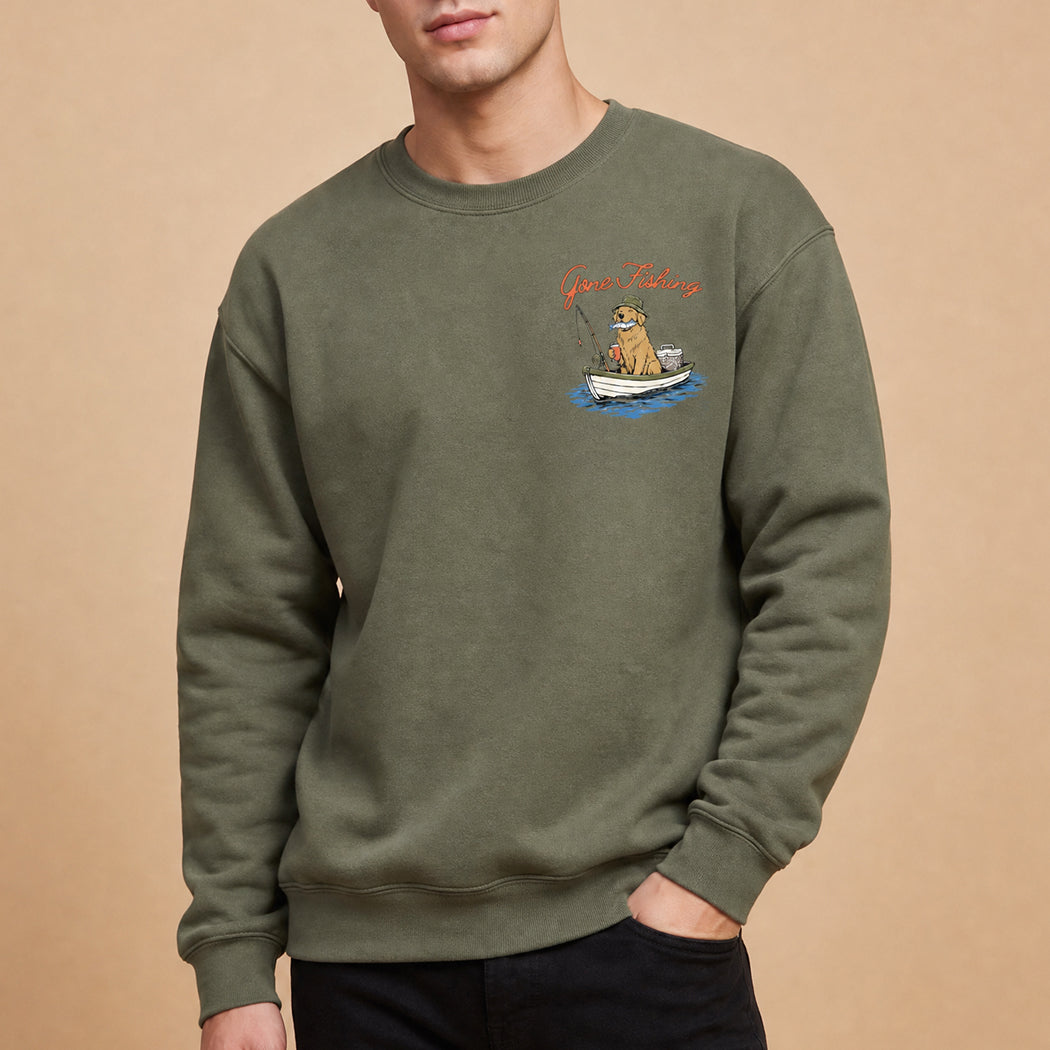 Gone Fishing golden retriever graphic sweatshirt in military green
