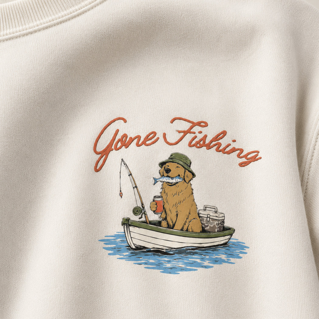 Gone Fishing golden retriever graphic sweatshirt in sand, detail view