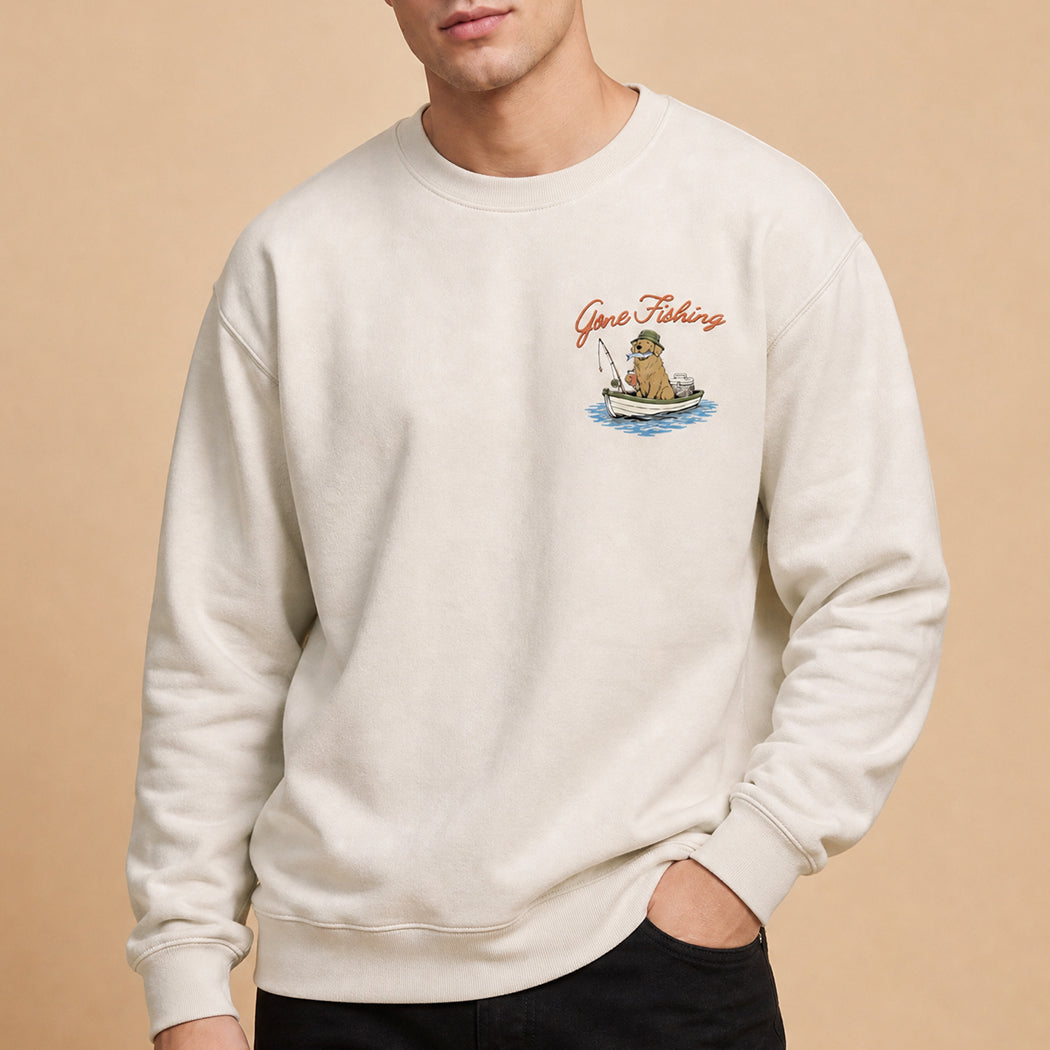 Gone Fishing golden retriever graphic sweatshirt in sand, front view