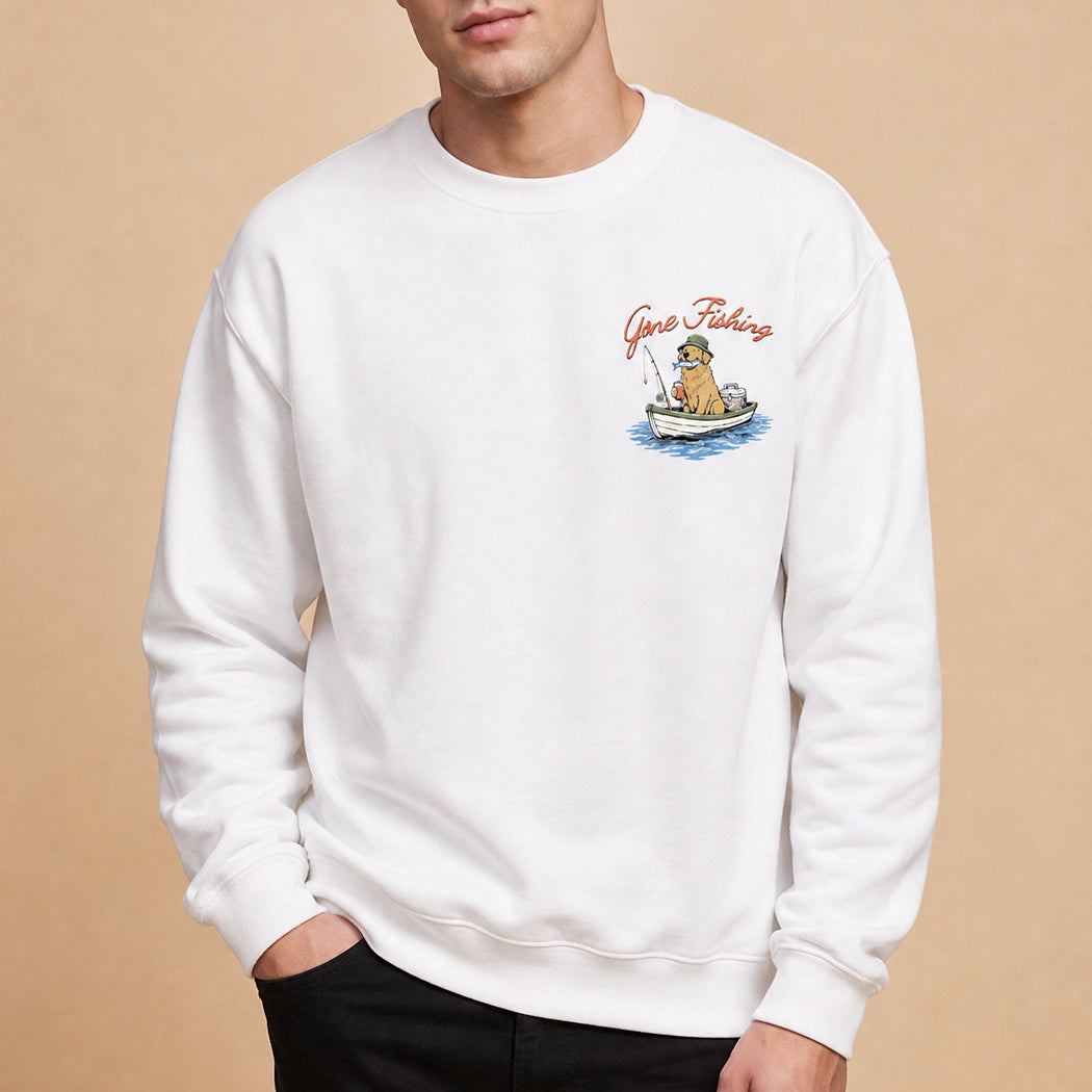 Gone Fishing golden retriever graphic sweatshirt in white