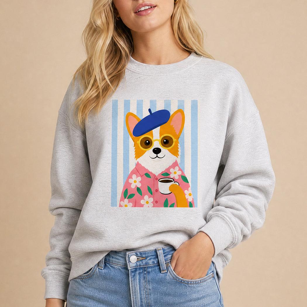 Parisian corgi coffee graphic sweatshirt in ash grey