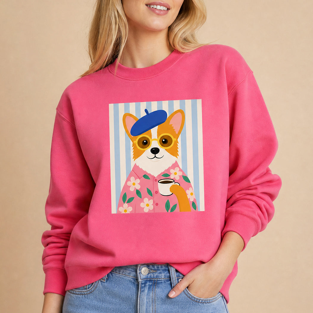 Parisian corgi coffee graphic sweatshirt in heliconia pink, front view